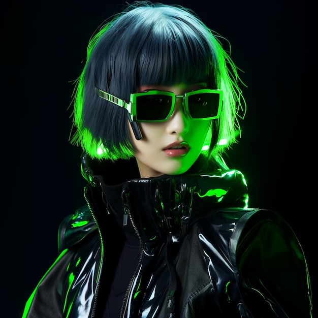 Realistisch 3D-model van prachtige Cyborg in futuristische Cyberpunk-bril Cyberpunk Woman Ai gegenereerd