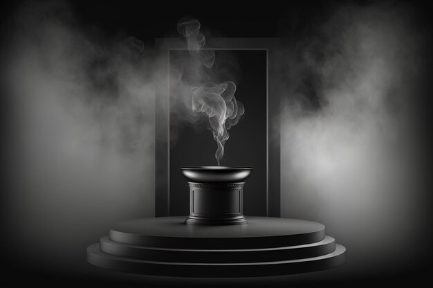 Realistisch 3D-podium met rook en donkere kleur voor productweergave