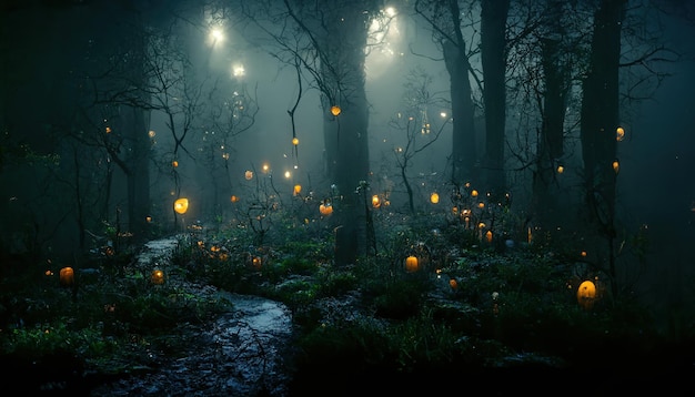Realistisch achtervolgd boslandschap 's nachts. Fantasie Halloween bos achtergrond.