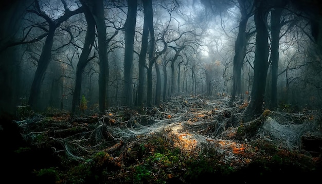 Realistisch achtervolgd griezelig boslandschap bij nacht Fantasy Halloween bos achtergrond 3D illustratie