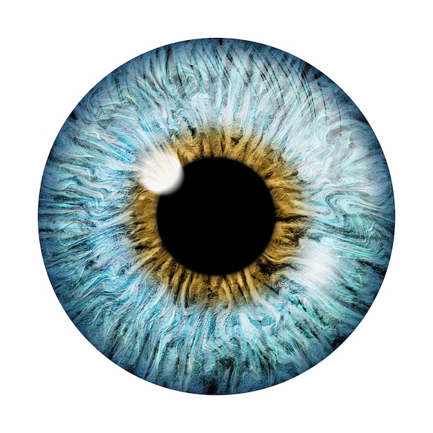 Foto realistisch beeld van een oog iris hoornvlies netvlies met lichtgevende flits lichtblauw oog 3d illustratie