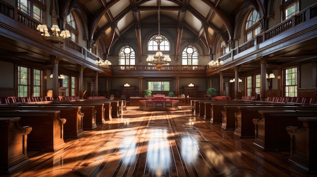 Realistisch beeld van houten rechtszaal interieur