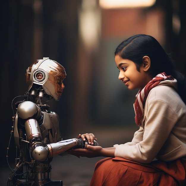 realistisch beeld van meisje met robot