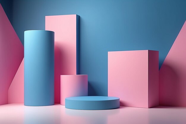 Foto realistisch blauw en roze 3d-cilinder voetstuk podium met 3d-doosvormige achtergrond minimale scène voor producten showcase promotie-display abstract studio kamer platformontwerp