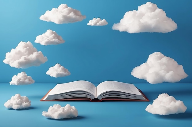 Realistisch boek met wolken op blauwe achtergrond