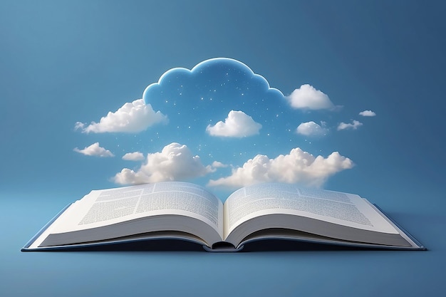 Foto realistisch boek met wolken op blauwe achtergrond