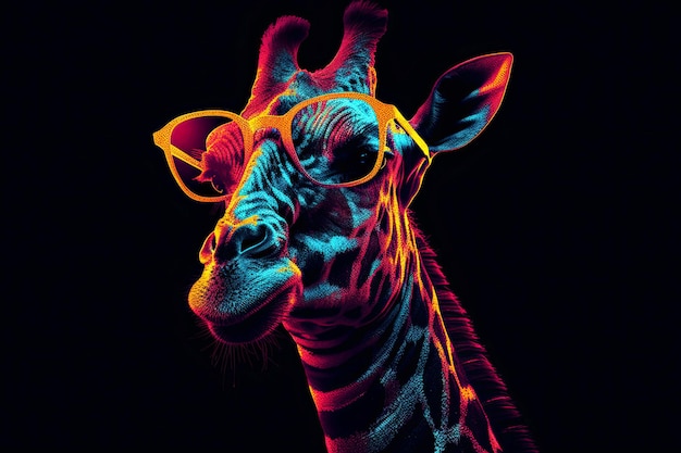 Realistisch close-upportret van een hipster Giraffe met een bril in neonkleuren Generatieve AI-illustratie
