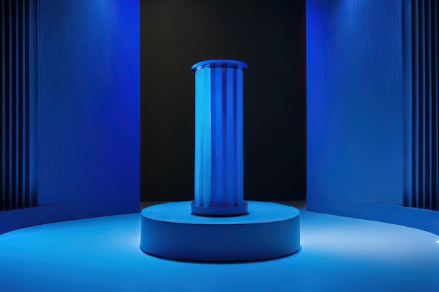 Realistisch donkerblauwe 3D-cilinder voetstuk podium Blauwe achtergrond