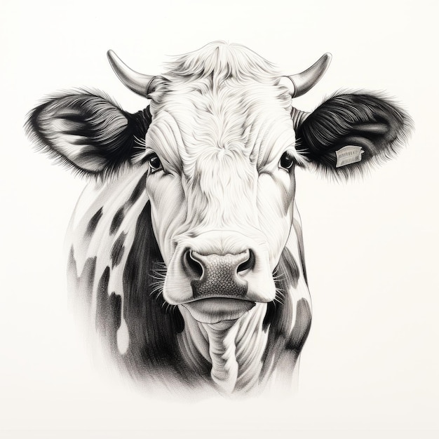 Realistisch en emotioneel portret van een koe gedetailleerde tekening in zwart-wit