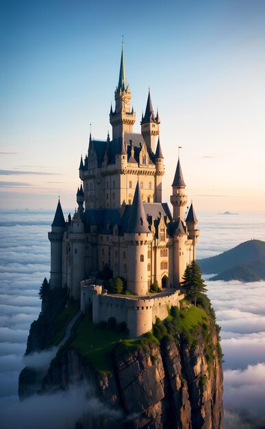 Foto realistisch fotolandschap van een majestueus kasteel dat in de wolken drijft