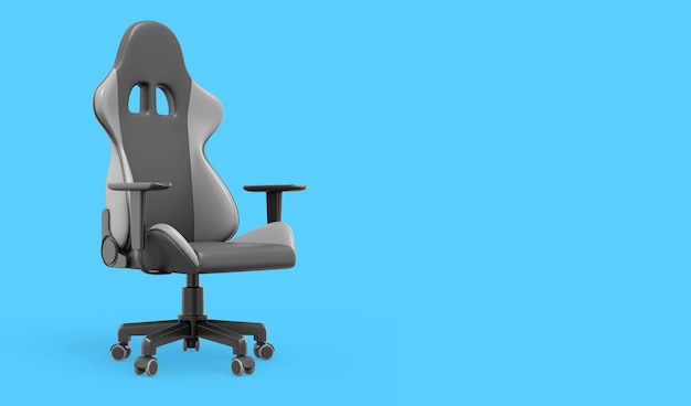 Realistisch gaming fauteuil zijaanzicht 3D-rendering pictogram op blauwe achtergrondruimte voor tekst