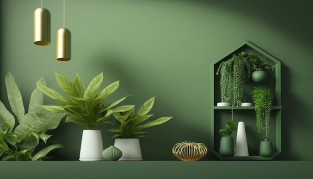 Realistisch groen muurmodel met groene plant en plank met kopieerruimte