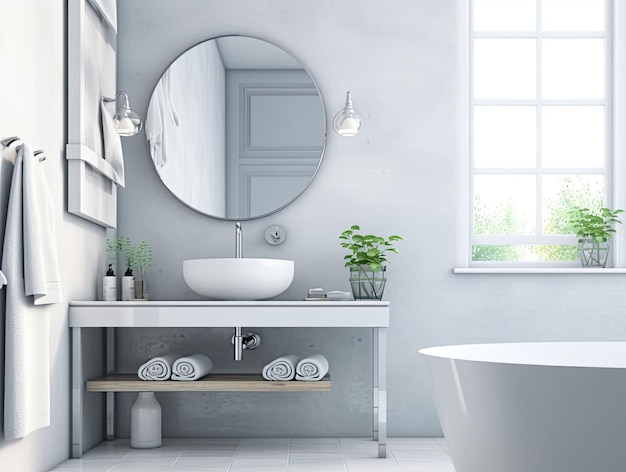 Realistisch interieur badkamer met ligbad modern minimalistisch design Generatieve AI