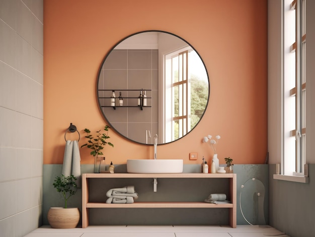 Realistisch interieur mockup badkamer keramische wastafel of wastafel met spiegel en kraan modern minimalistisch ontwerp Generatieve AI