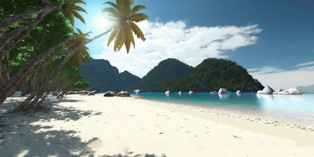 Foto realistisch landschap wit strand met kalme zee hoge felle zon