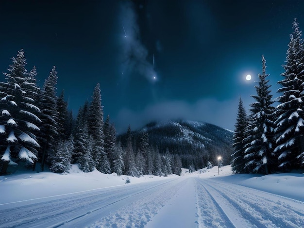 Foto realistisch middernacht sneeuwlandschap met dennenbomen en volle maan in de lucht illustratie