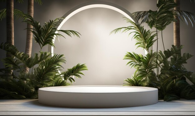 Foto realistisch mock-up podium met tropische scène voor productvertoning of showcase