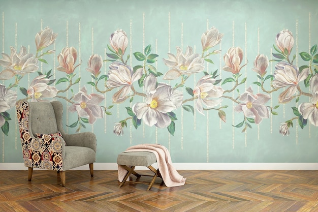 Realistisch modern interieur met florale kunst aan de muur