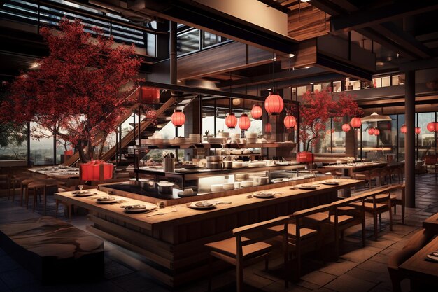 Foto realistisch modern japans restaurantinterieurontwerp gemaakt met generatieve ai