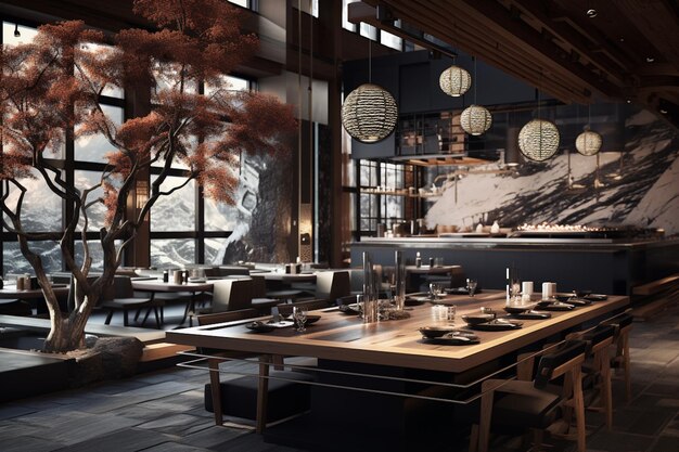 Realistisch modern Japans restaurantinterieurontwerp gemaakt met generatieve AI