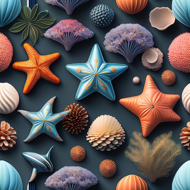 Realistisch naadloos patroon met zeesterren schelpen en koraal