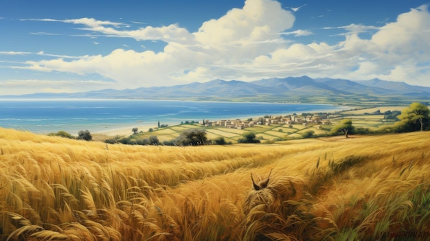 Realistisch olieverf schilderij tarweveld met oceaan op antiek Grieks eiland.