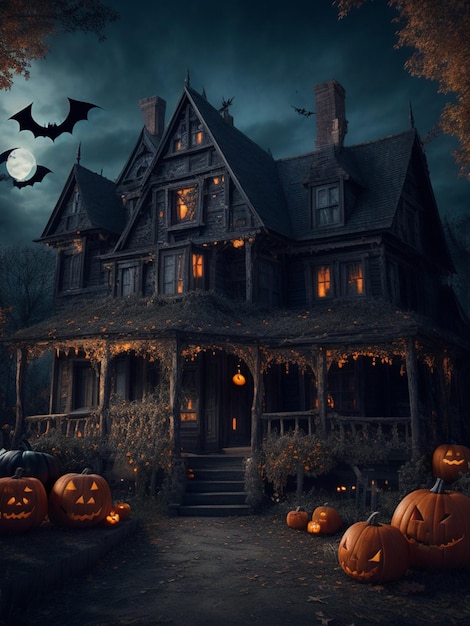 Realistisch oud huis Halloween met pompoen 's nachts