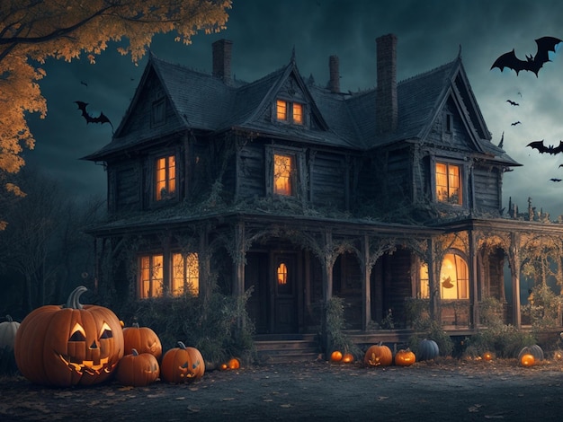 Realistisch oud huis Halloween met pompoen 's nachts