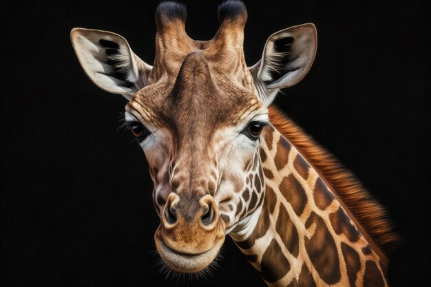 Realistisch portret van een giraffe op een zwarte achtergrond Close upAi generatief