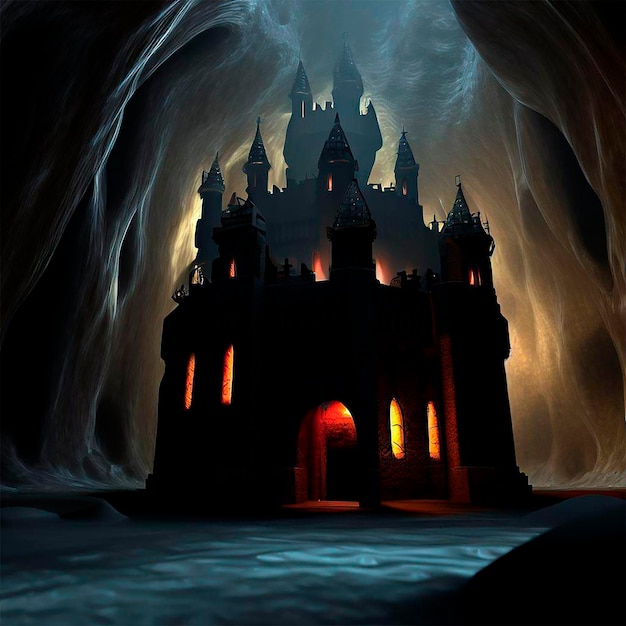 Realistisch schilderij van een donker kasteel