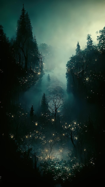 Realistisch spookachtig bos griezelig landschap 's nachts Fantasy Halloween bosachtergrond Digitale kunst