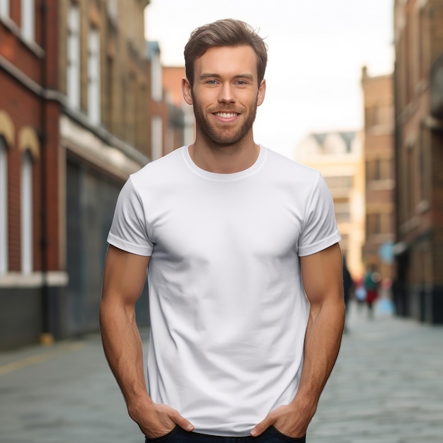 Realistisch t-shirtmodel met een model dat het draagt en laat zien hoe het ontwerp eruitziet wanneer het wordt gedragen