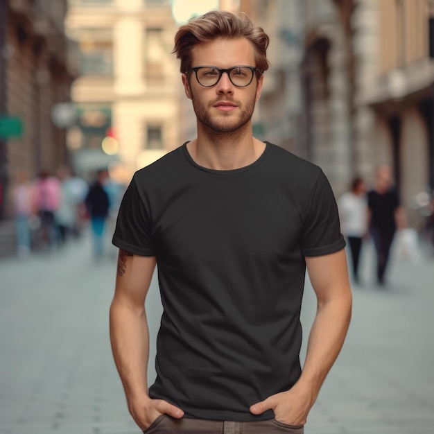 Realistisch t-shirtmodel met een model dat het draagt en laat zien hoe het ontwerp eruitziet wanneer het wordt gedragen