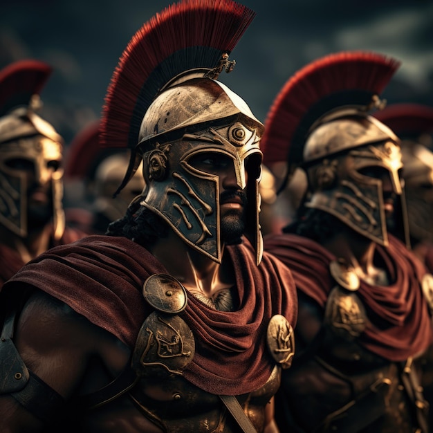 Realistische 3 Spartaanse krijgers in een rij Klaar voor oorlog Generatieve AI