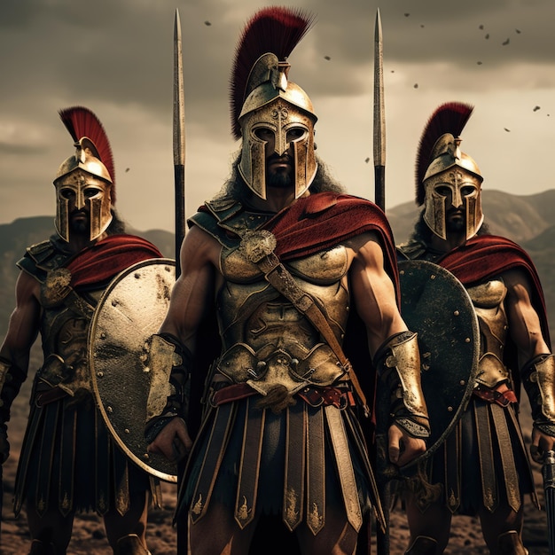 Realistische 3 Spartaanse krijgers in een rij Klaar voor oorlog Generatieve AI
