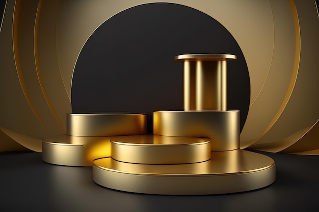 Realistische 3D-cilinder met een luxe en gouden podium voor productweergave. AI gegenereerd