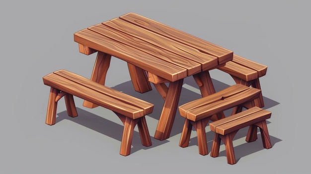 Realistische 3D-illustratie set van grilltafel met banken voor picknick bureau met lange stoelen voor kamperen en dineren buiten tafel met banken voor barbecue of lunch buiten