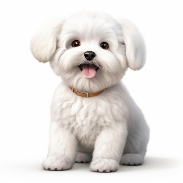 Realistische 3D-illustratie van een Bichon Frise-hond met een onderscheidend karakterontwerp