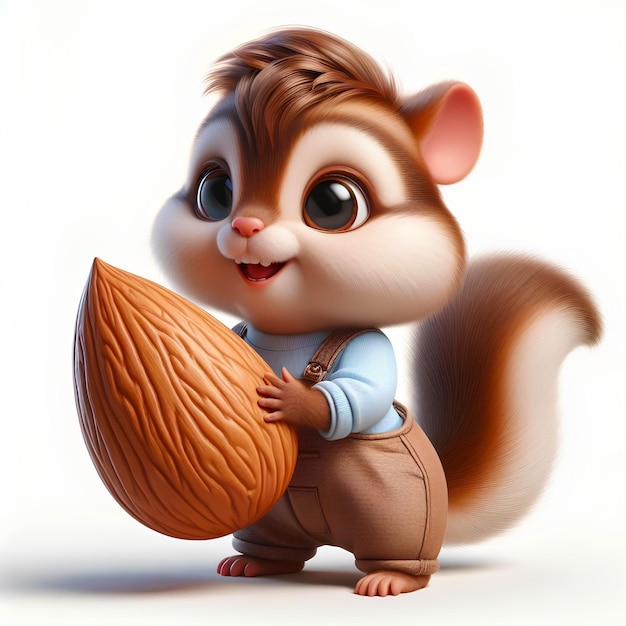 Realistische 3D-illustratie van een schattige cartoon eekhoorn met amandelen