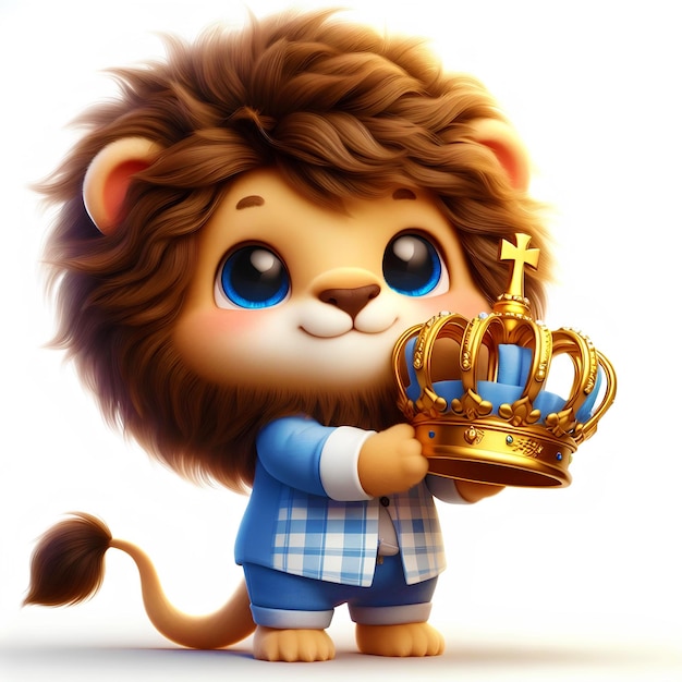 Foto realistische 3d-illustratie van een schattige tekenfilm leeuw met een gouden kroon