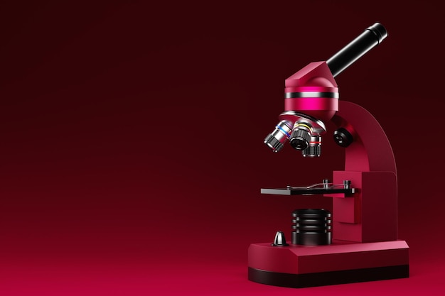 Realistische 3D-microscoop op magenta achtergrondlaboratoriumapparatuur Microscoop voor laboratoriumonderzoek