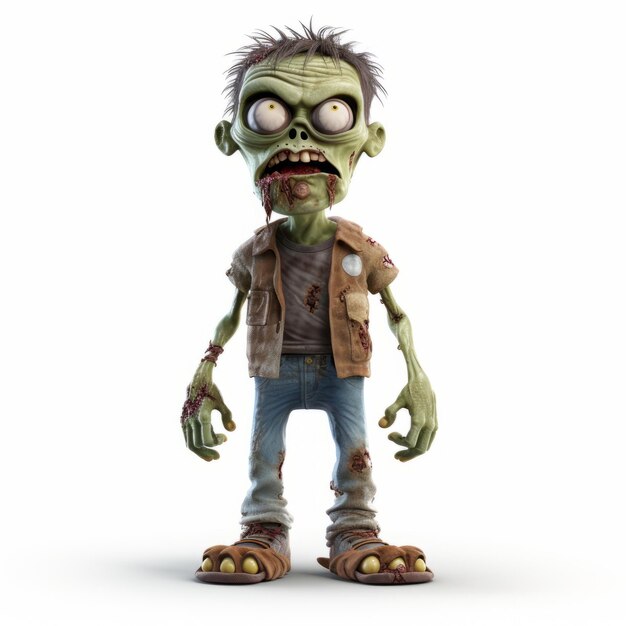 Realistische 3D Pixar Zombie met bruine spijkerbroek op witte achtergrond