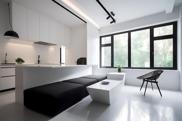 Realistische 3D render mooie ochtend in een moderne keuken kamer minimalistisch zwart en wit