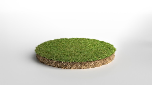 Realistische 3D-rendering cirkel weggesneden terrein vloer met rots geïsoleerde 3D illustratie ronde bodem grond dwarsdoorsnede met aarde land en groen gras