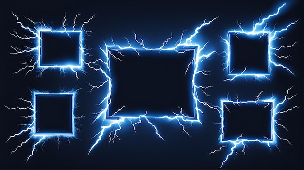 Realistische 3D-vector set van blauwe elektrische bliksem frames met donderbolt effect in rechthoekig