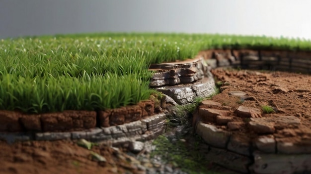 Realistische 3D-weergave cirkel afgesneden terrein vloer met rots geïsoleerd 3D-illustratie ronde bodem grond dwarsdoorsnede met aarde land en groen gras