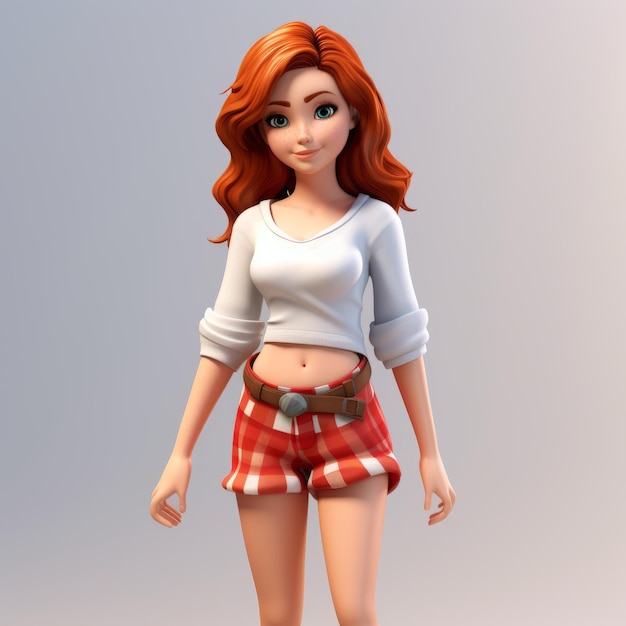Realistische 3D-weergave van cartoon meisje Jennifer met rood haar en gekleurde korte broek