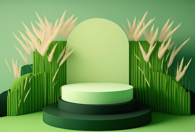 Realistische 3D-weergave van podium met groen gras achtergrond