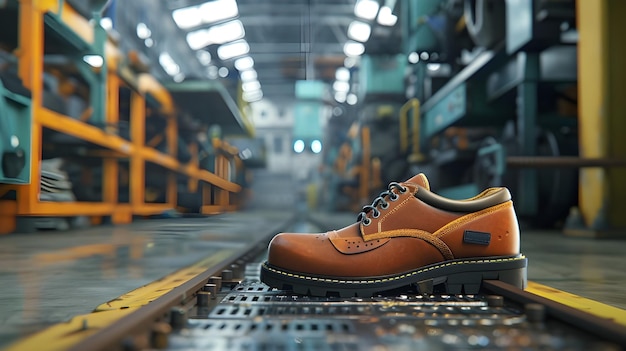 Foto realistische 8k highdefinition afbeelding van veiligheidswerk schoenen op de fabrieksvloer ai gegenereerd