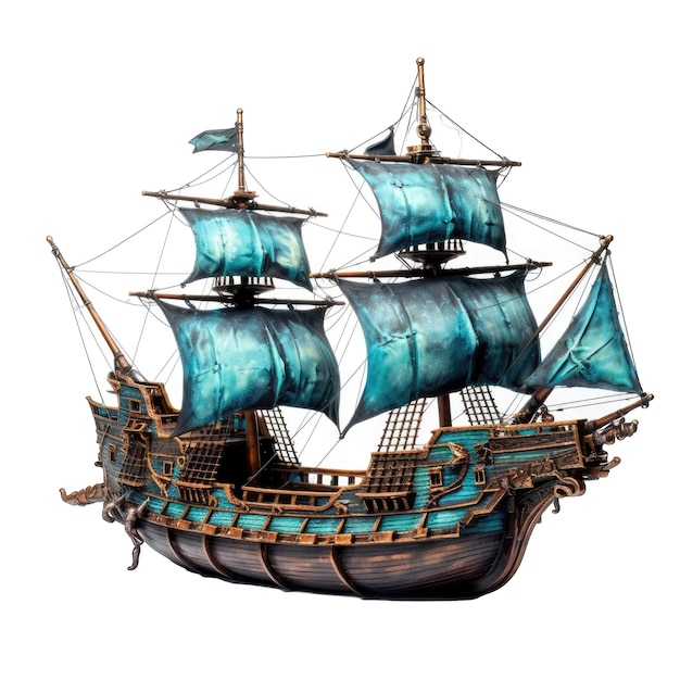 Realistische afbeelding van een oud piratenschip geïsoleerd op een witte of doorzichtige achtergrond